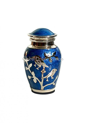 Blessing Silver Twin Birds Small Keepsake Urn (Blue and Silver)
