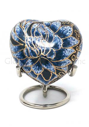 Brass Flower Heart Keepsake Funeral Urn (Blue)