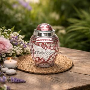 Elegant Red and Silver Butterfly Engraved Keepsake Urn for Ashes