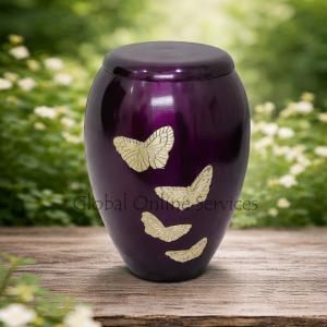 Golden Flying Butterflies Purple Adult Urn For Human Ashes