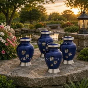 Pack of Four Royal Blue Keepsake Urns with Gold Fl...