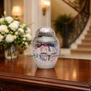 Silver Engraved Floral Dome Keepsake Urn – Handcrafted Memorial Urn for Ashes