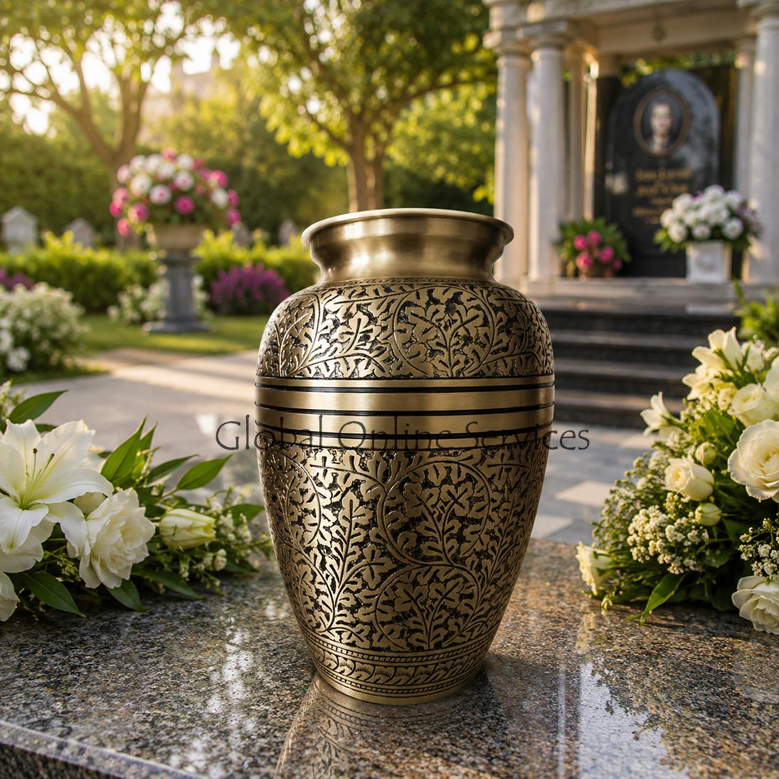 Antique Nickel Engraved 7-inches Cremation Urn for Ashes
