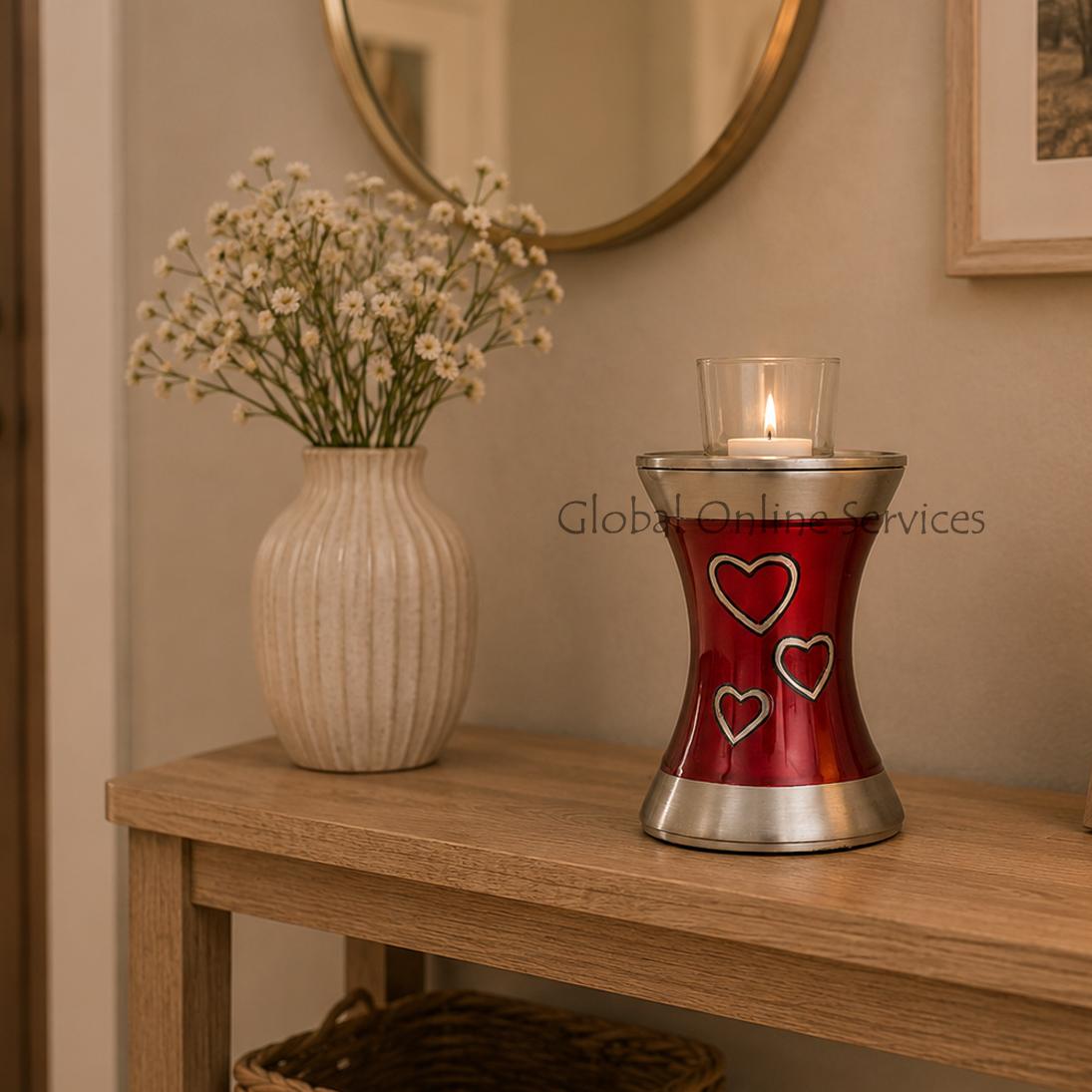 Beautiful Brass Loving Hearts Tealight Medium Cremation Urn For Human Ashes