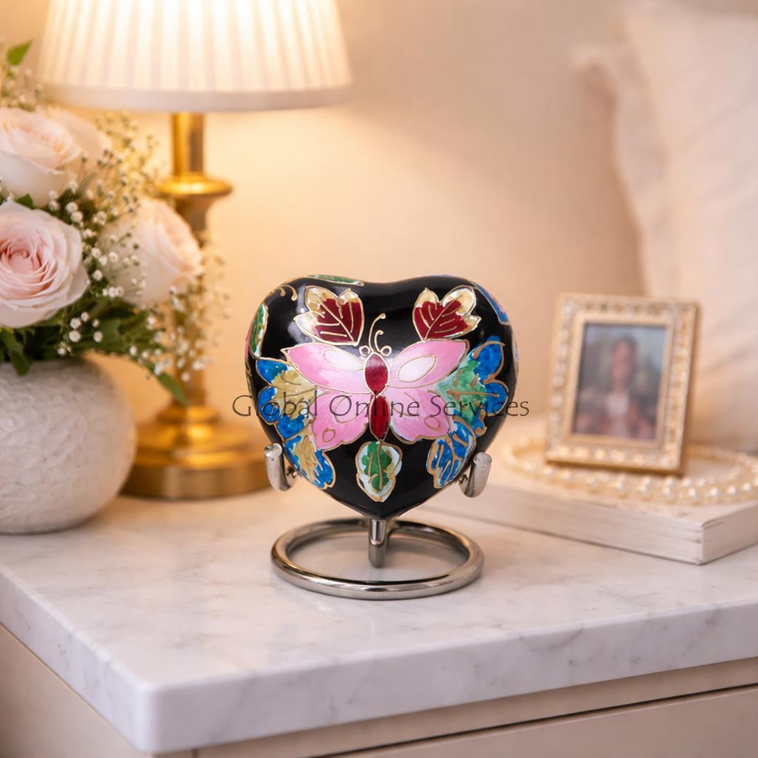 Beautiful Floral Butterfly Small Heart Keepsake Urn for Ashes (Black)