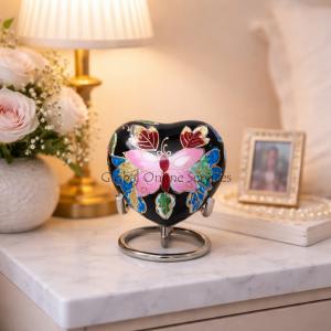 Beautiful Floral Butterfly Small Heart Keepsake Urn for Ashes (Black)
