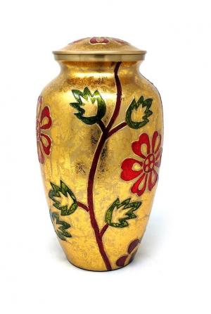 Beautiful Large Gold & Orange Floral Engraved Brass Adult Urn For Human Ashes.