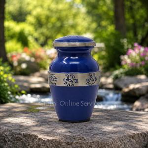 Beautiful Small Blue Urn With Nickel Butterfly Band Keepsake for Human Ashes (Small)