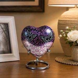 Beautiful Small Double Butterfly's Engraved Pink Heart Keepsake Urn for Ashes