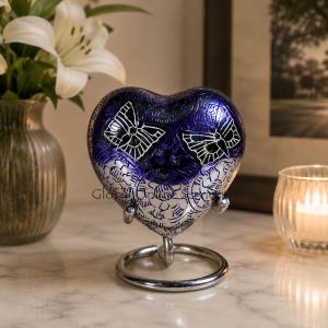 Beautiful Small Double Butterfly's Engraved Purple Heart Keepsake Urn for Human Ashes (Purple)