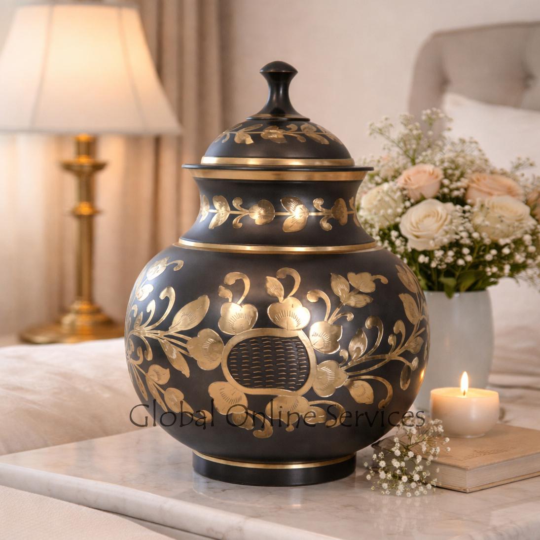 Black and Golden Floral Human Adult Memorial Urn Ashes
