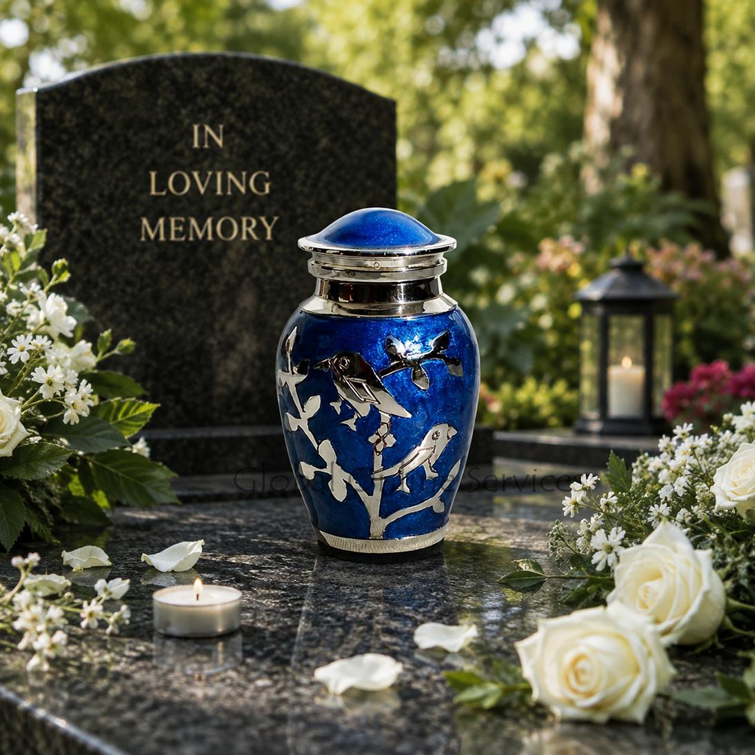 Blessing Silver Twin Birds Small Keepsake Urn (Blue and Silver)