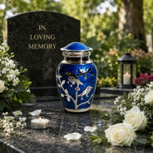Blessing Silver Twin Birds Small Keepsake Urn (Blue and Silver)