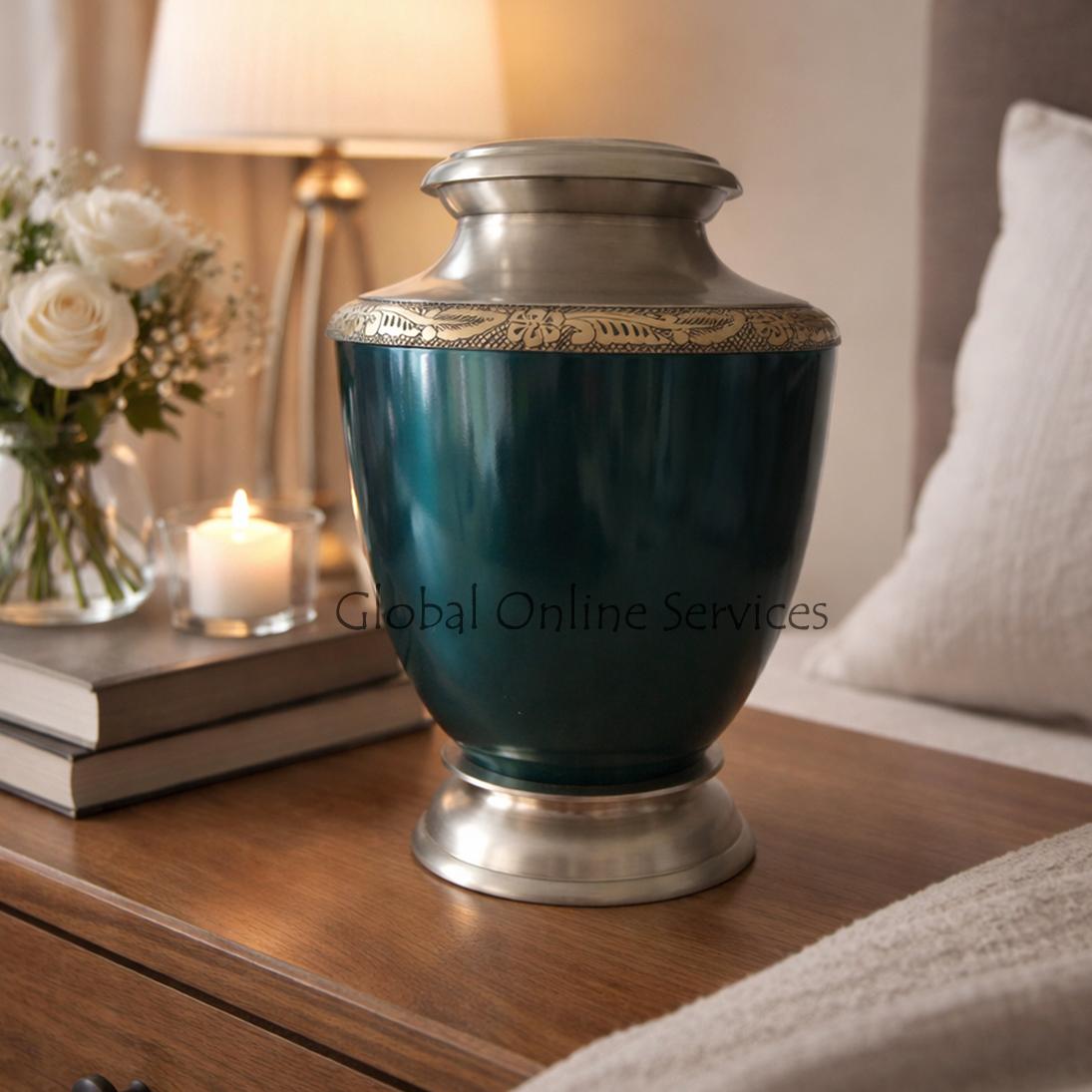Blue Finish Antique Hand Engraved Border Adult Urn
