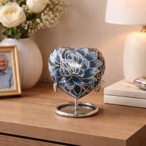 Brass Flower Heart Keepsake Funeral Urn (Blue)