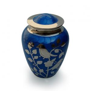 Silver blessing birds large adult ashes cremation urn in blue