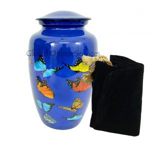 Multi Coloured Flying Butterflies Designed Large Blue Adult Human Memorial Urn For Ashes.