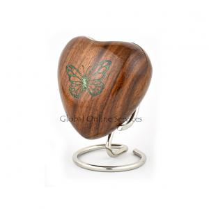 Wooden Heart Keepsake Urn with Green Butterfly Memorial Urn for Ashes