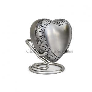 Mini Heart Keepsake Memorial Urns for Ashes, Pewter Leaf Band Small Keepsake Funeral Urn with Stand