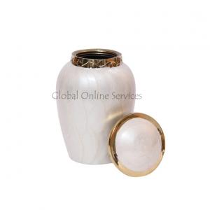 Premium Pearl White Keepsake Urn with Gold Accents – Durable Mini Brass Urn for Ashes