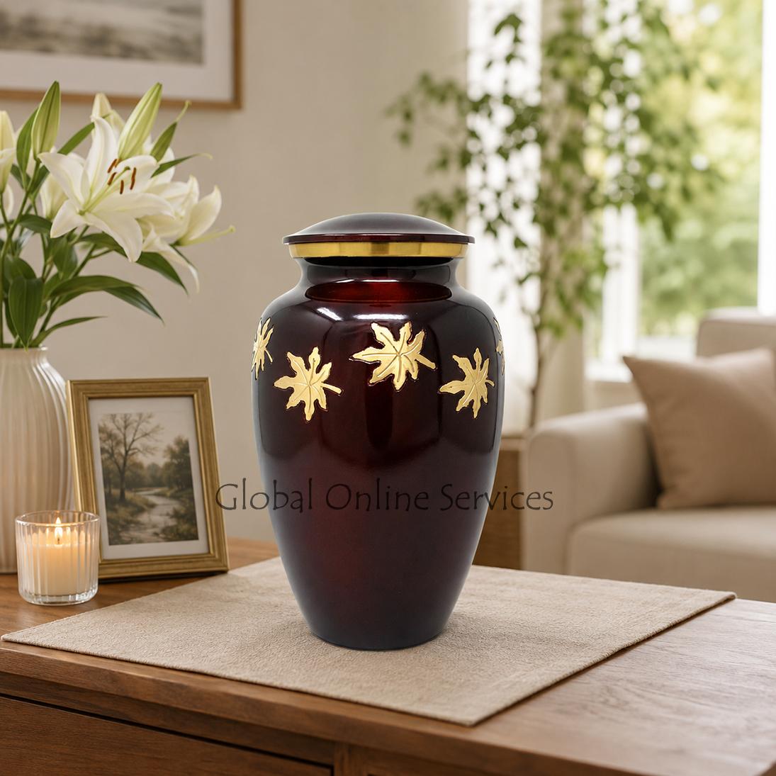 Classic Medium Falling Leaves Brass Cremation Urn For Human Ashes. (Medium)