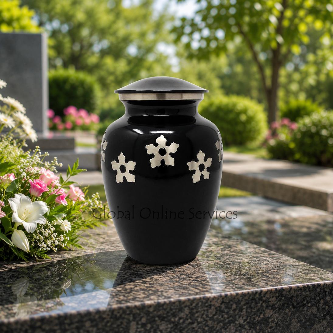 Classic Medium Golden Flower Engraved Black Brass Urn For Human Cremation Ashes. (Medium)