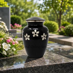 Classic Medium Golden Flower Engraved Black Brass Urn For Human Cremation Ashes. (Medium)