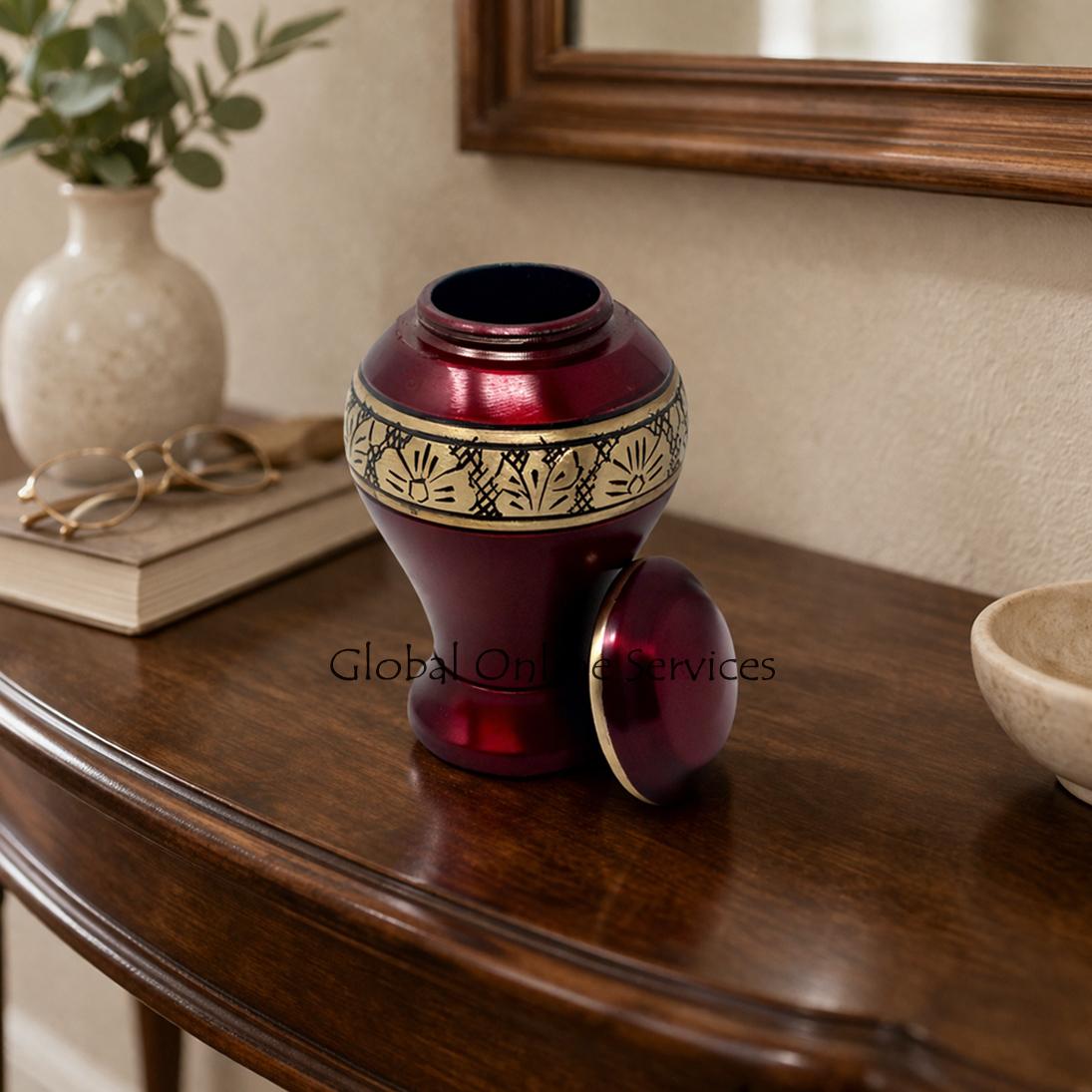Classic Small Red Leaf Band Keepsake Urn for Funeral Ashes (Red)