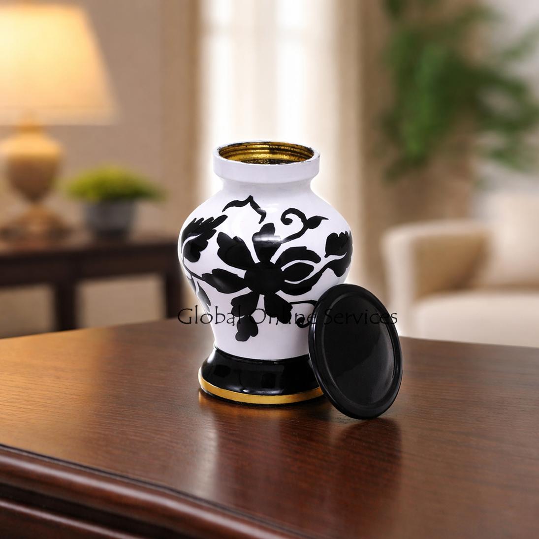 Cream White Floral Keepsake Urn – Handcrafted Brass Mini Memorial Urn for Ashes