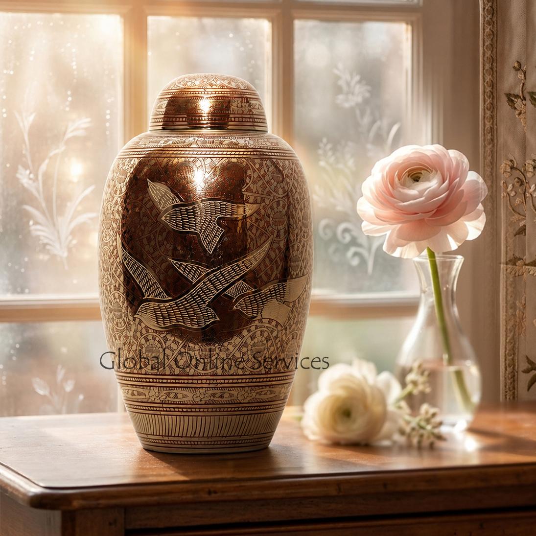 Dome Top Silver Doves Going Home Red Large Adult Brass Cremation Urn for Ashes