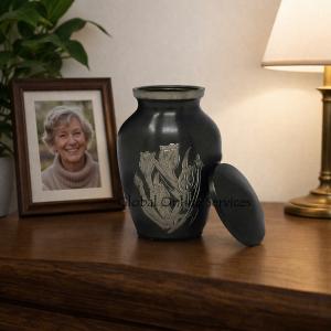 Elegant Gray Keepsake Urn with Hand-Engraved Rose – Small Memorial Urn for Ashes