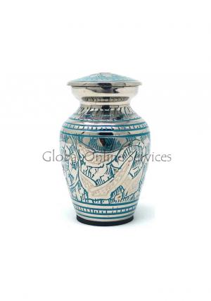 Elegant Green Swirl Keepsake Urn – Small Brass Memorial Urn with Silver Dove Engraving