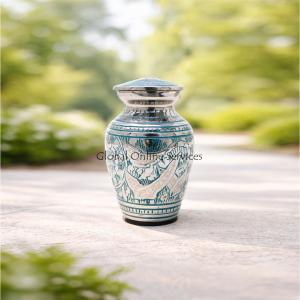 Elegant Green Swirl Keepsake Urn – Small Brass Memorial Urn with Silver Dove Engraving