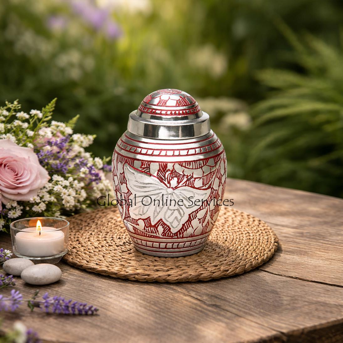 Elegant Red and Silver Butterfly Engraved Keepsake Urn for Ashes