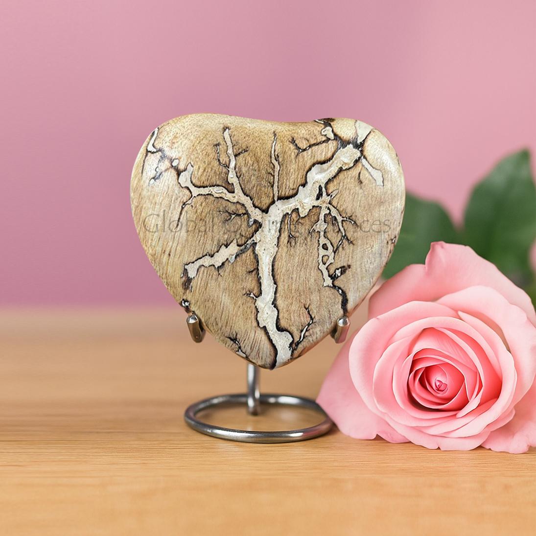 Elegant Wooden Heart Keepsake Urn with White Lightning Veins