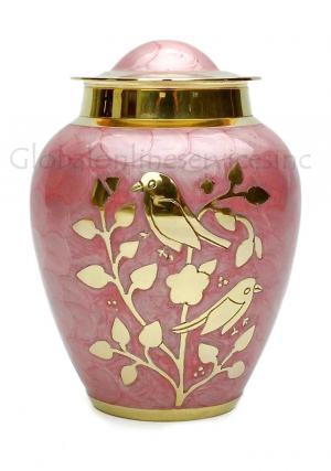 Embossed Blessing Birds Medium Urn For Cremation Ashes In Pink With Gold Finish