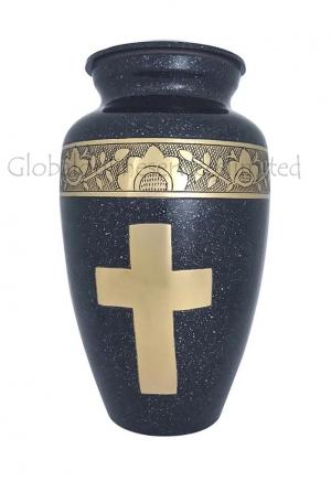 Engraved Golden Cross Black Adult Urn For Human Ashes