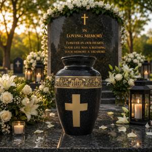 Engraved Golden Cross Black Adult Urn For Human Ashes