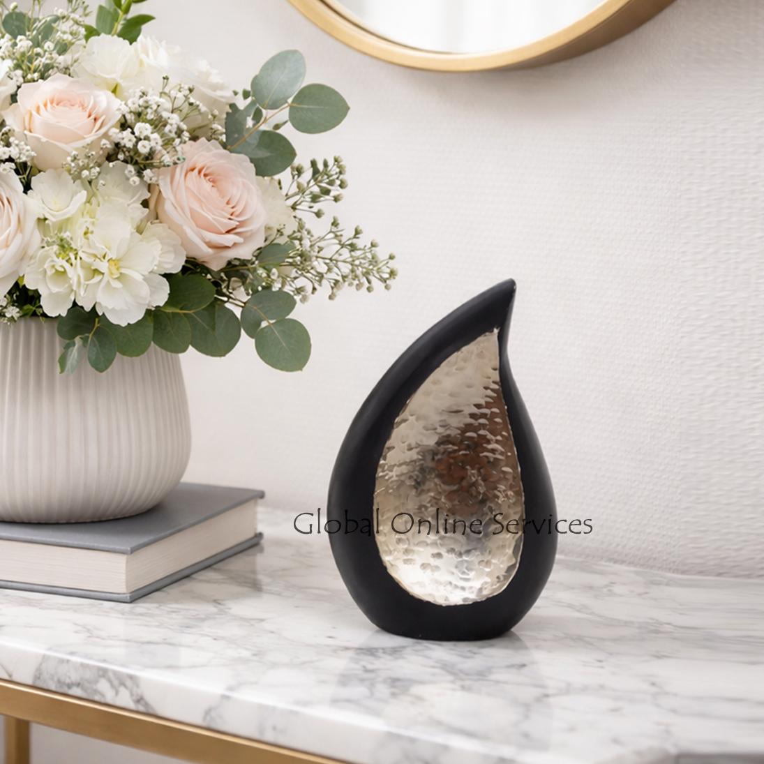 Eternal Spark Teardrop Keepsake Urn – Matte Black with Shimmering Pewter Mosaic