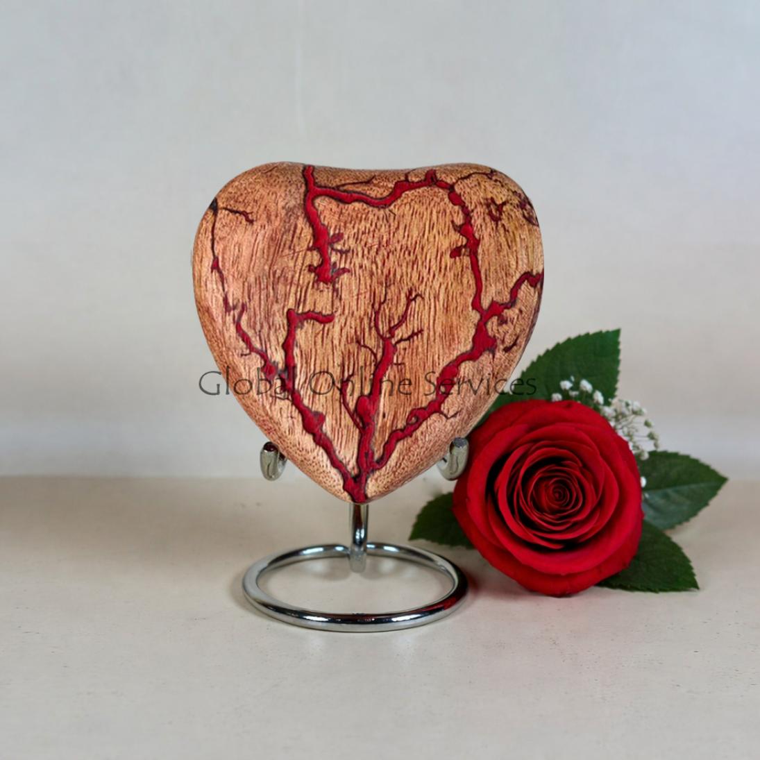 Fiery Wooden Heart Keepsake Urn with Red Lightning Veins