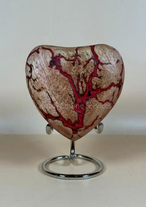 Fiery Wooden Heart Keepsake Urn with Red Lightning Veins