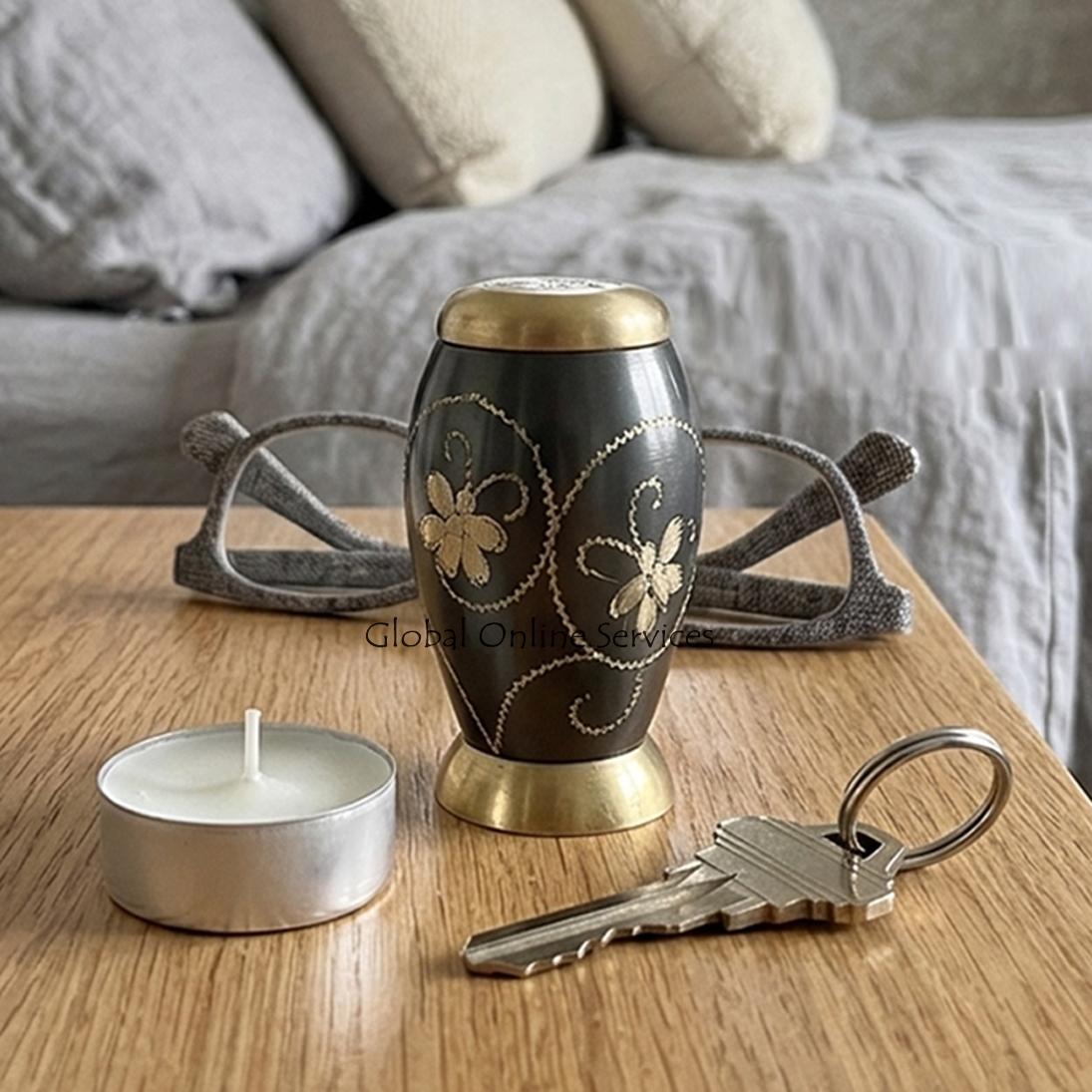 Flat Top Black Floral Engraved Urn – Elegant Mini Brass Keepsake for Ashes