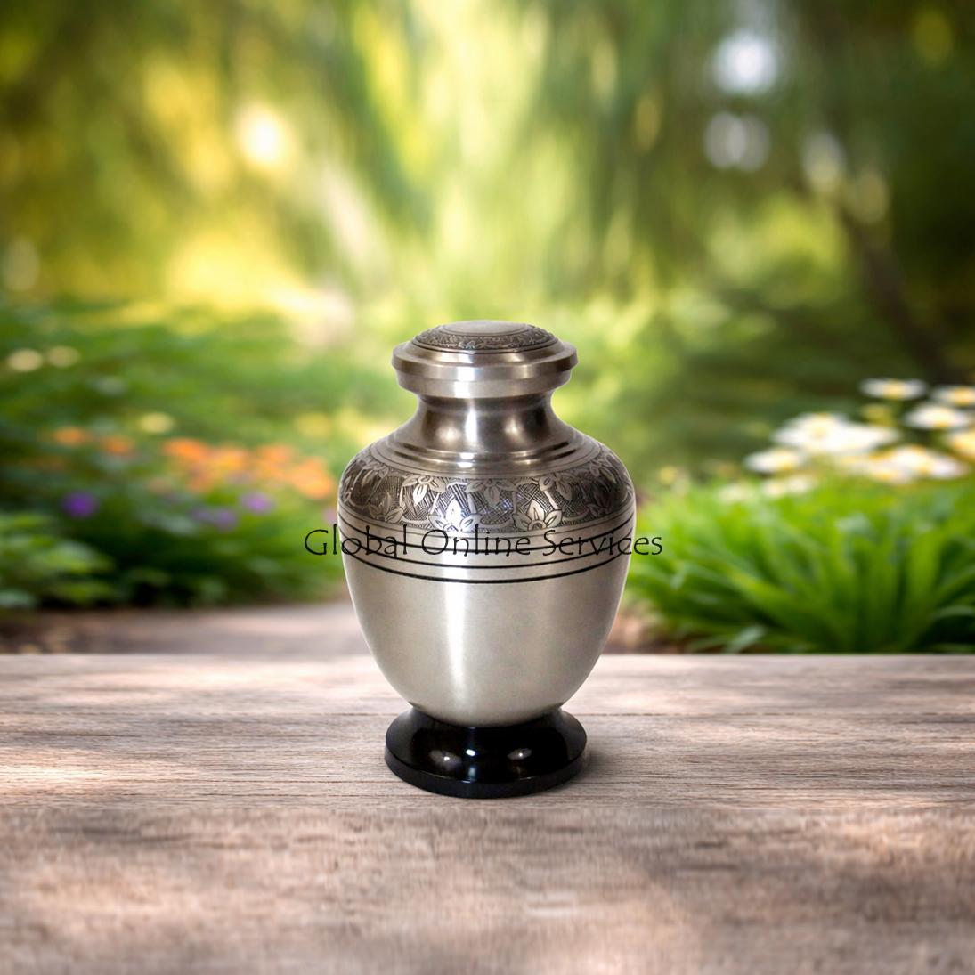 Floral Engraved Pewter Keepsake Urn – Premium Brass Mini Urn with Velvet Box