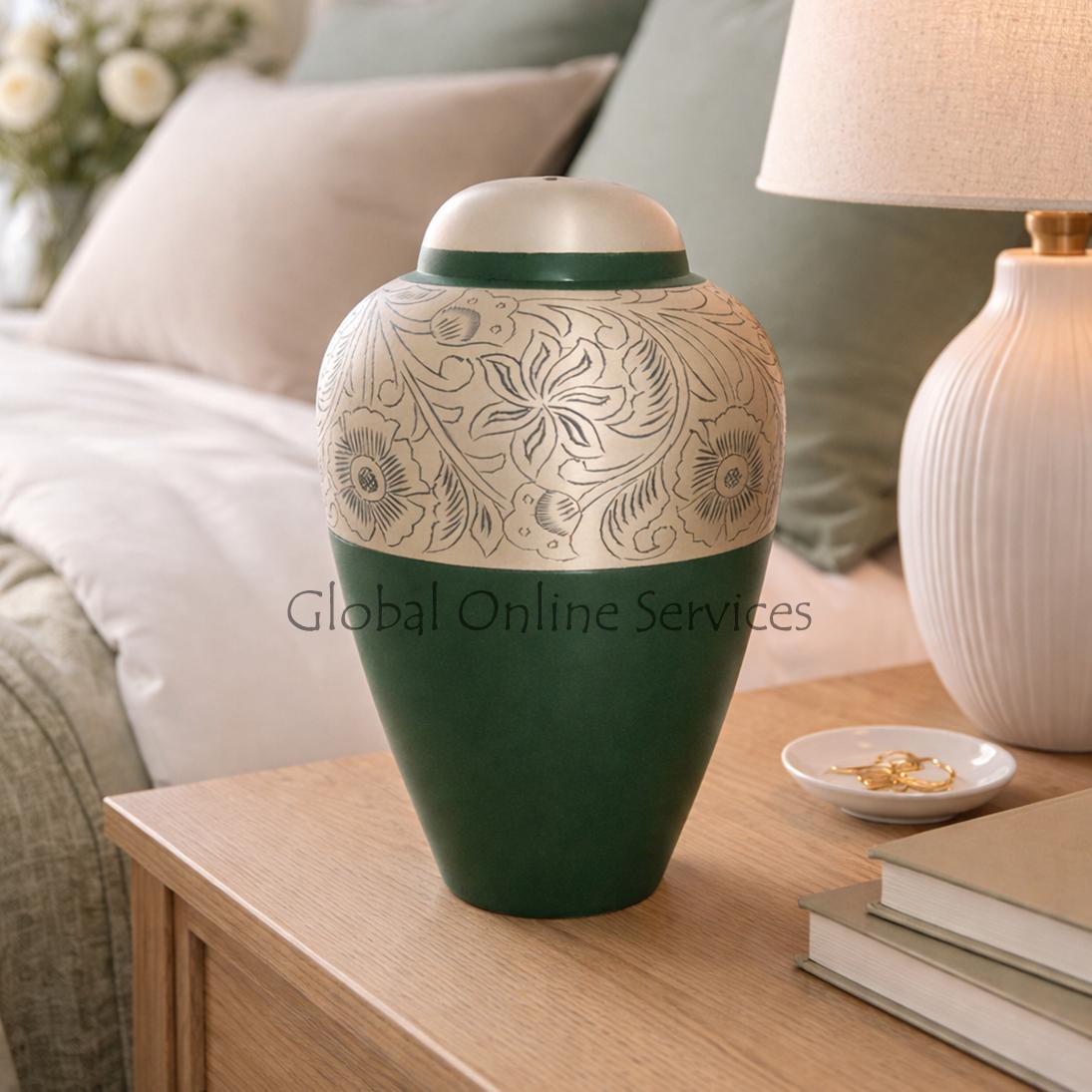 Floral Etched Antique Brass Cremation Urn for Human Ashes