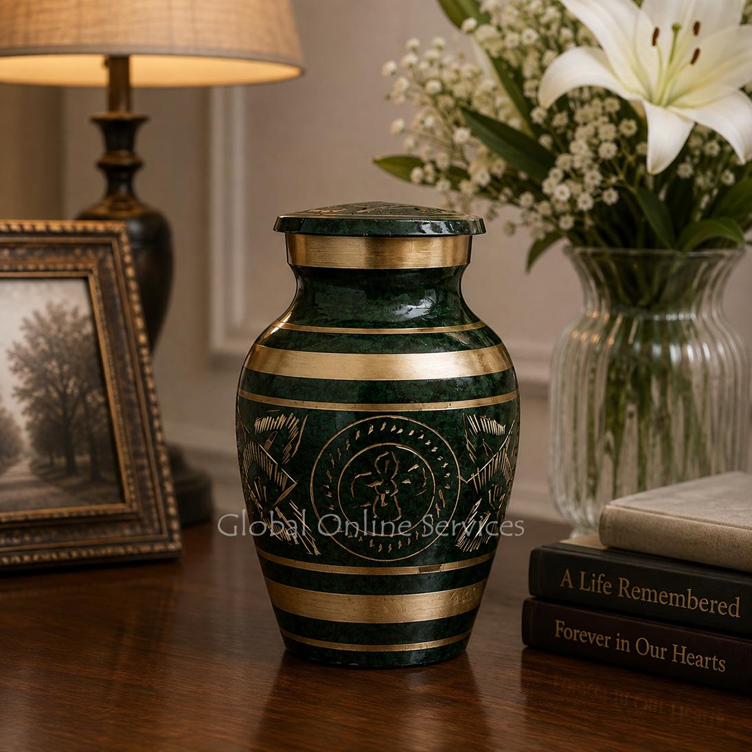 Gold Detailing Green Keepsake Urn for Cremation A
