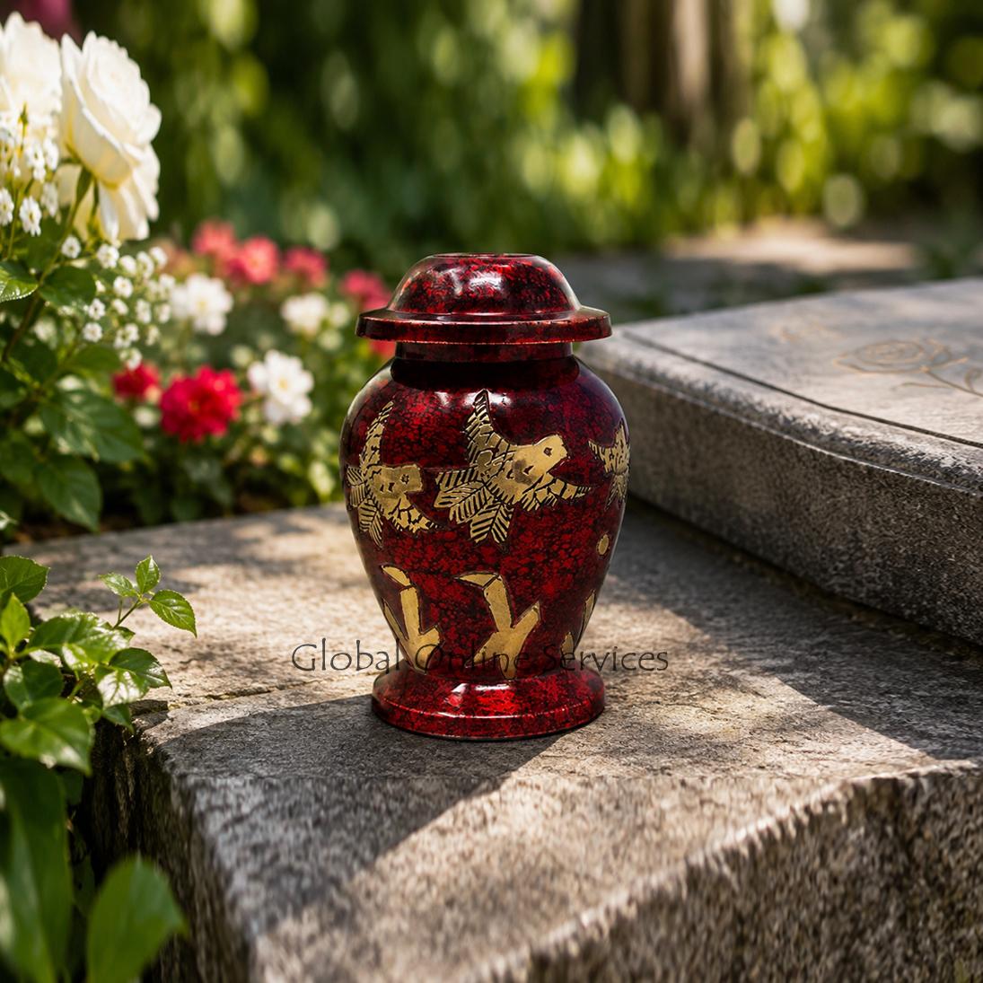 Gold Engraved Flying Dove Maroon Brass Keepsake Urn
