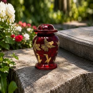 Gold Engraved Flying Dove Maroon Brass Keepsake Urn