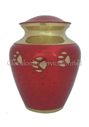 Gorgeous Red and Gold Brass Paw Prints Urn, Pet Memorial Ashes
