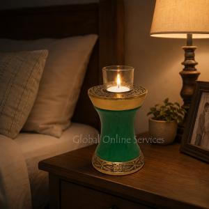 Green Floral leaf Engraved Medium Tealight Cremation Urn For Human Ashes