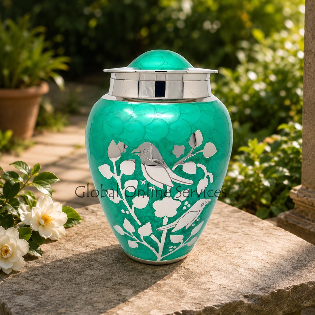 Green blessing birds large adult ashes cremation urn 